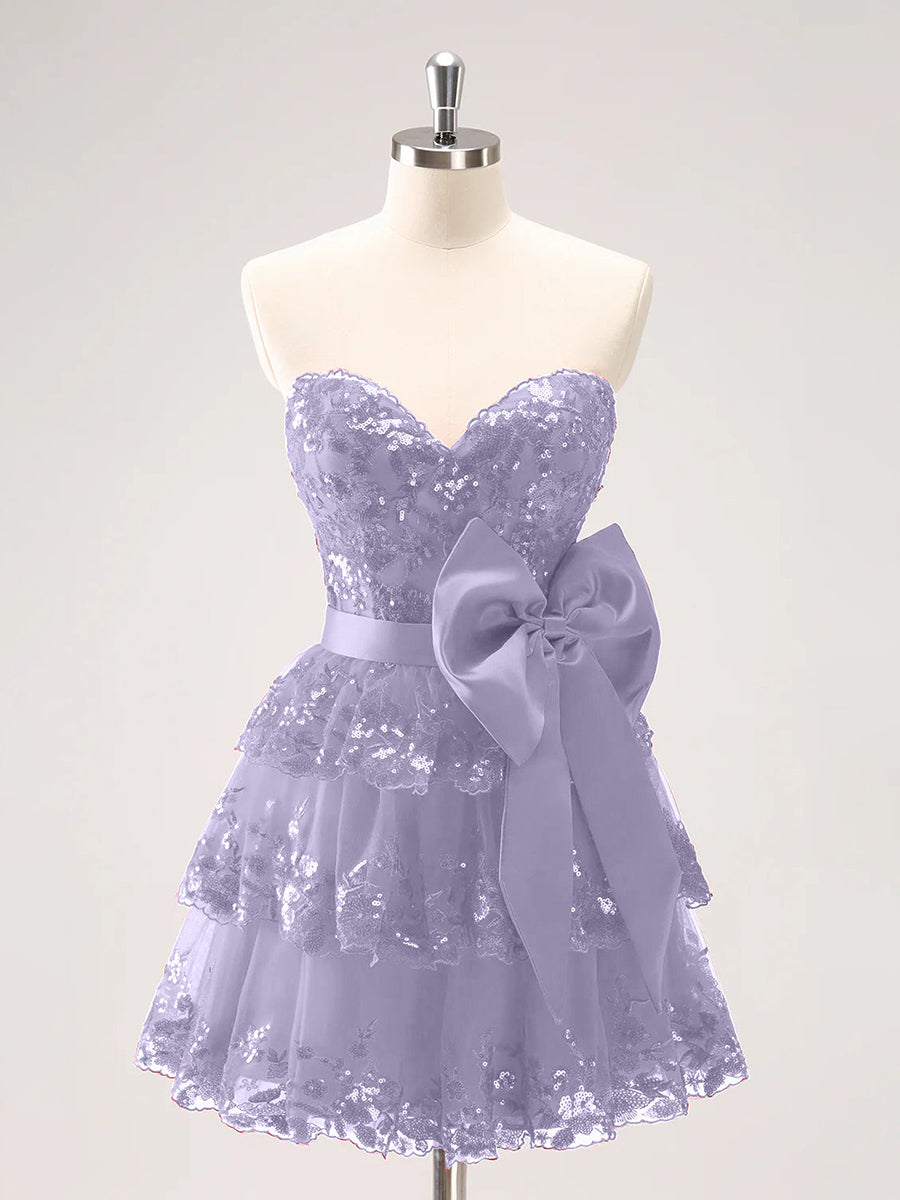 Sparkly A Line Sweetheart Corset Tiered Ruffle Homecoming Dress with Bows