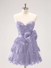 Sparkly A Line Sweetheart Corset Tiered Ruffle Homecoming Dress with Bows