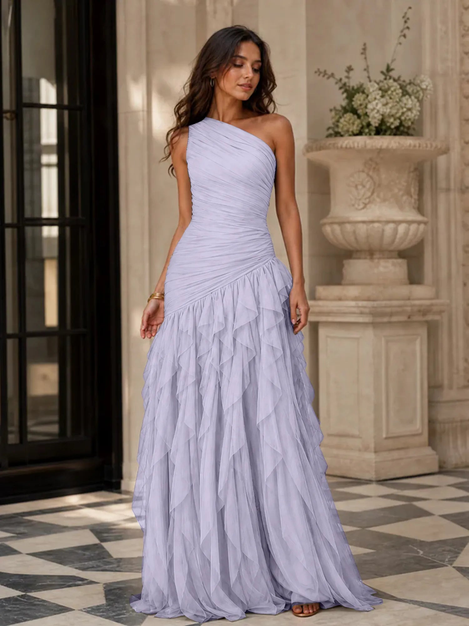 Emerald Green One-Shoulder Ruched Asymmetric Ruffle Chiffon Floor-Length Gown Dress