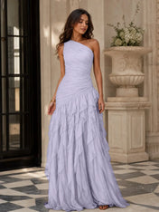 Emerald Green One-Shoulder Ruched Asymmetric Ruffle Chiffon Floor-Length Gown Dress