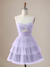 A Line Spaghetti Straps Short Tiered Homecoming Dress with Hollow Out