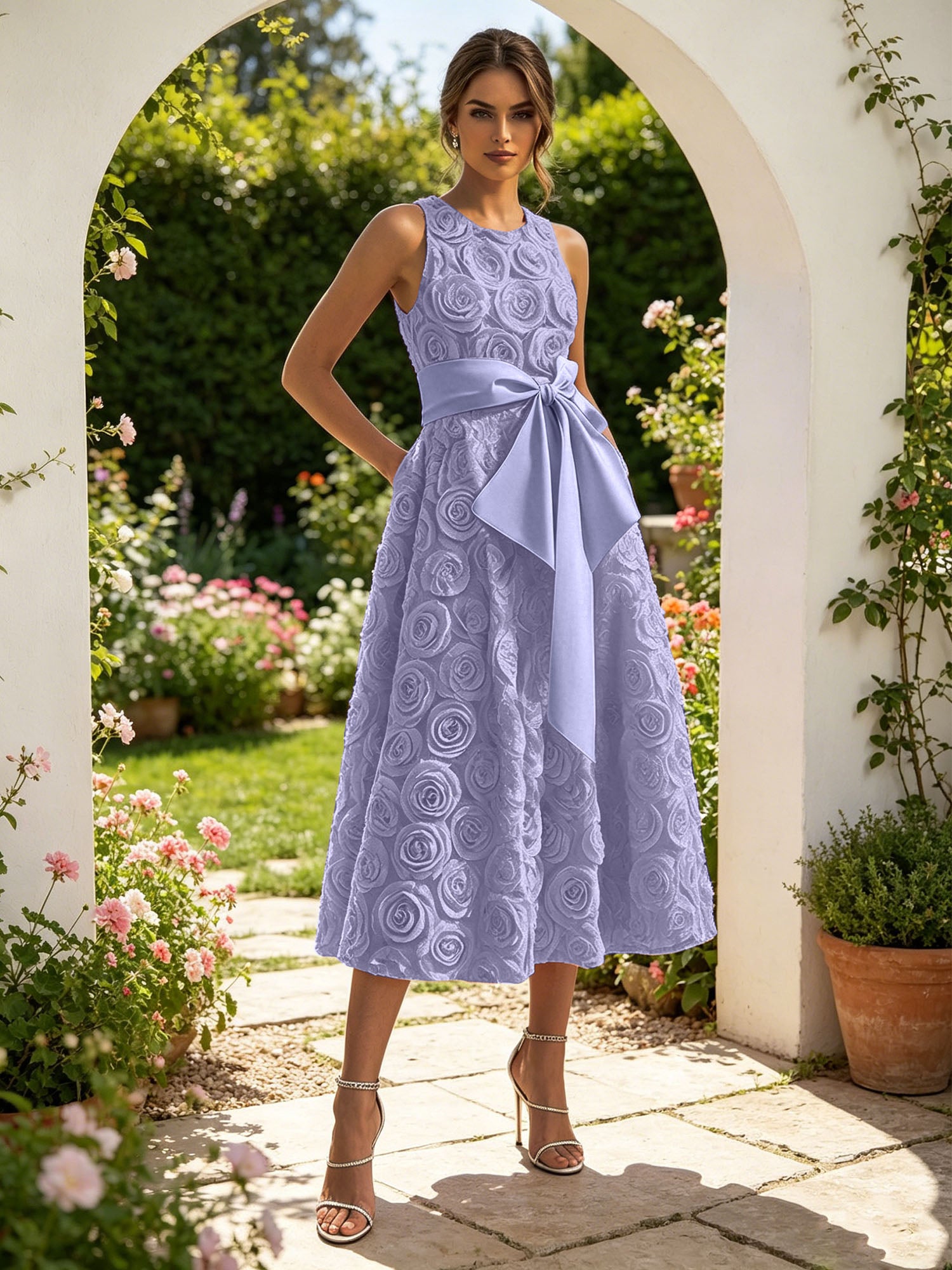 Pink 3D Floral Bow Crew Neck A-Line Midi Dress