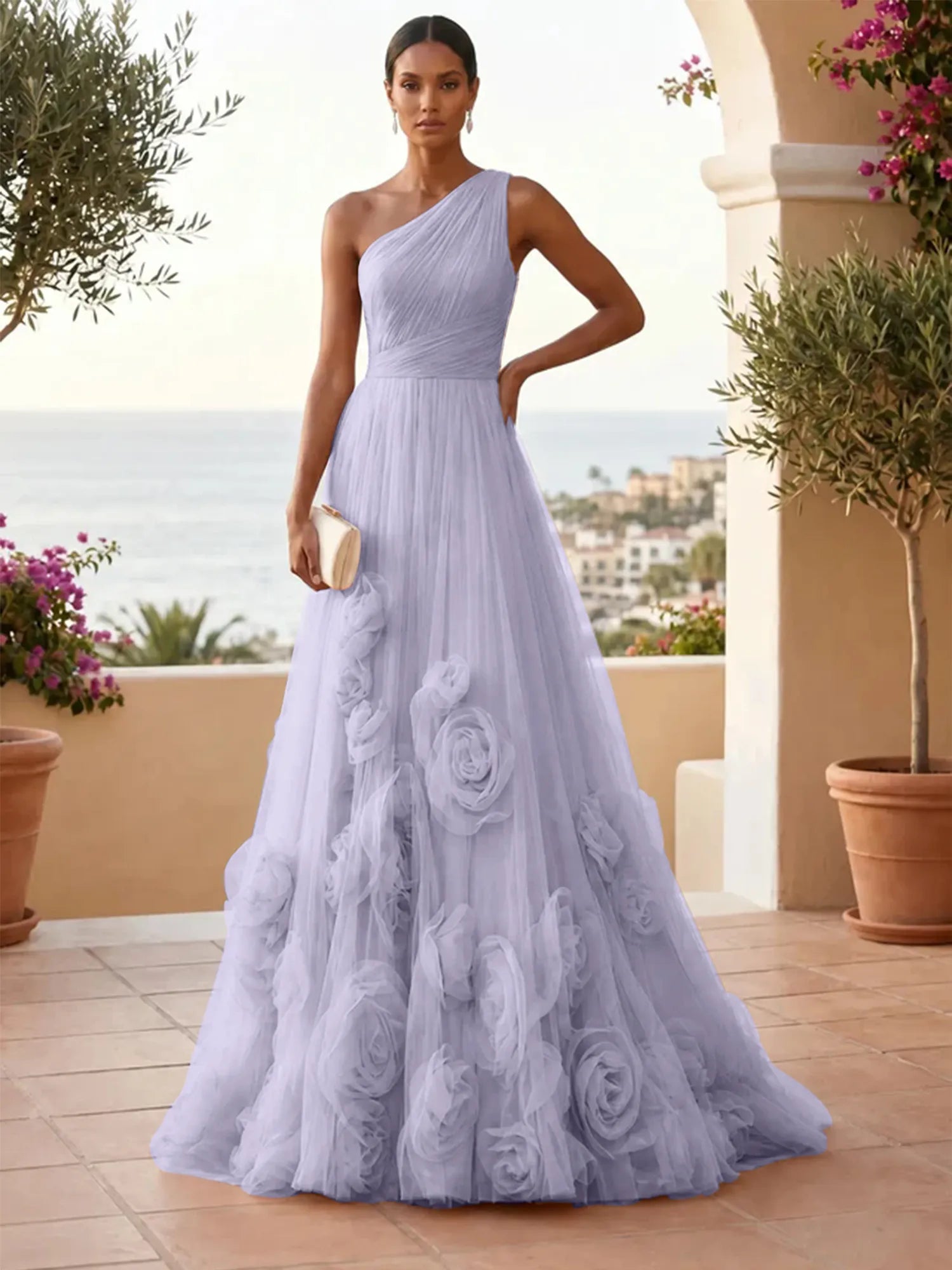 One-Shoulder Sweetheart Tulle Ball Gown with 3D Floral Accents Evening Dresses