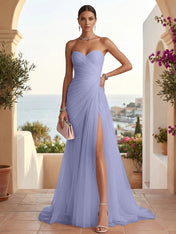 Strapless Sweetheart High Slit Tulle Pleat Prom Dress Evening Dresses