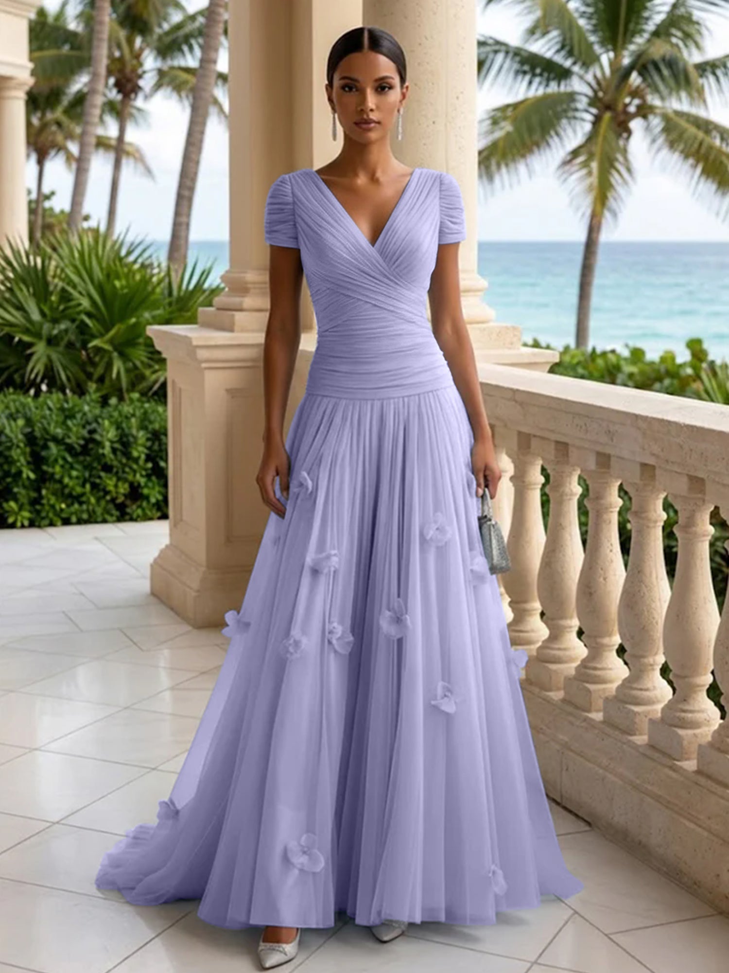 Light Blue Short-Sleeve Tulle Gown Evening Dress with 3D Flower V Neck Pleat Maxi Dress