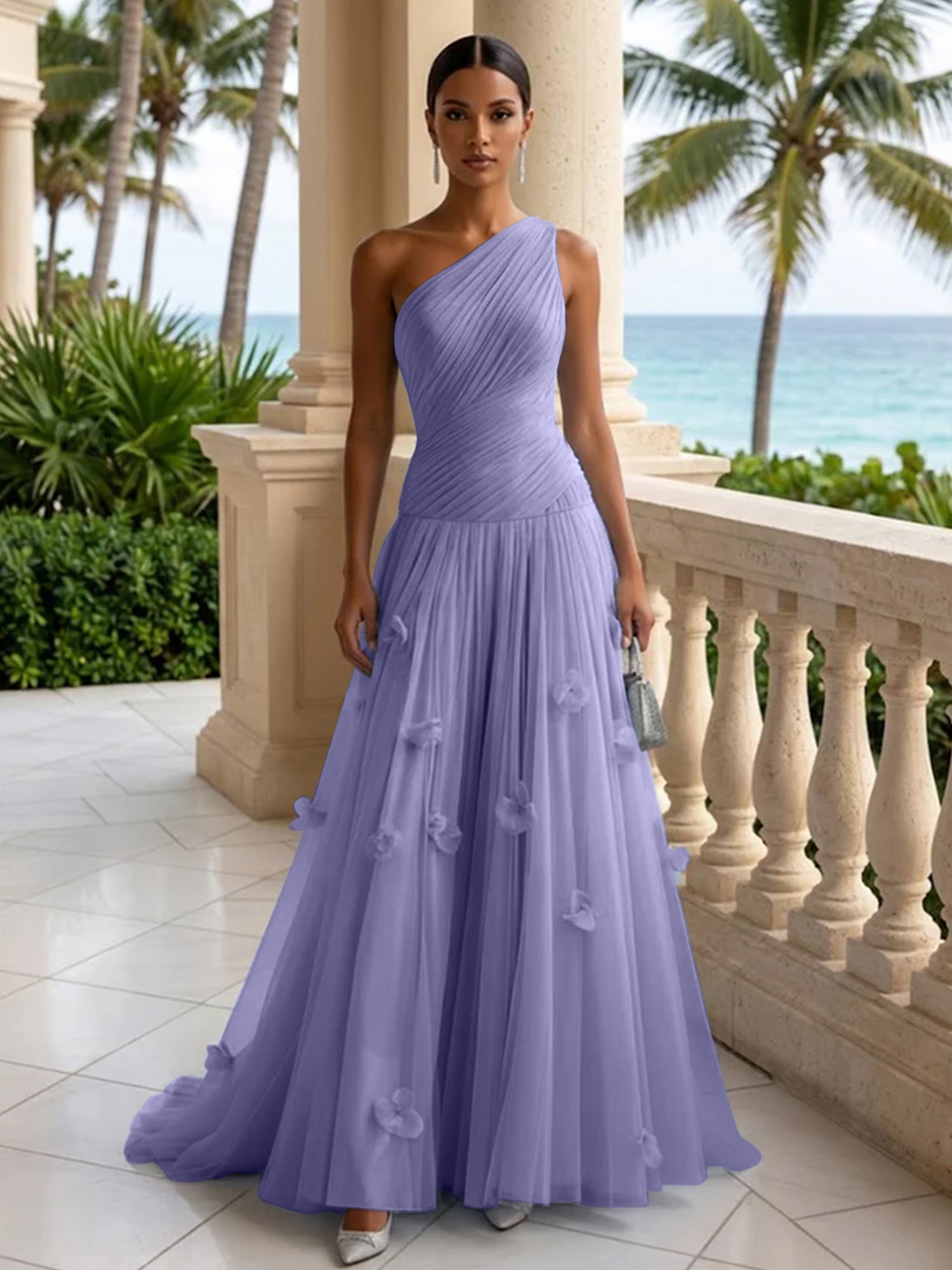 Light Blue Evening Dress with 3D Flower One Shoulder Pleat Maxi Dress