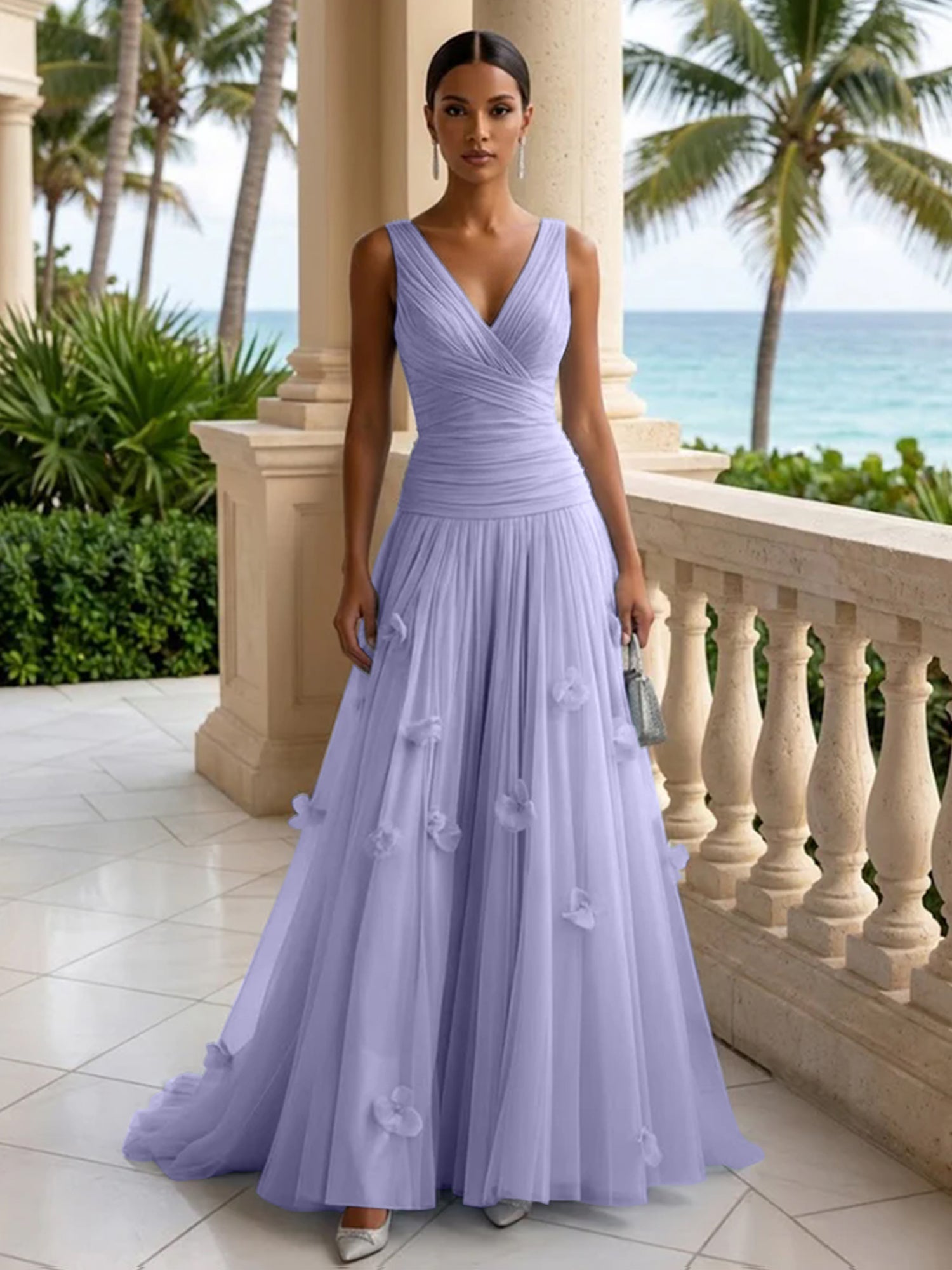 Light Blue Evening Dress with 3D Flower V Neck Pleat Maxi Dress