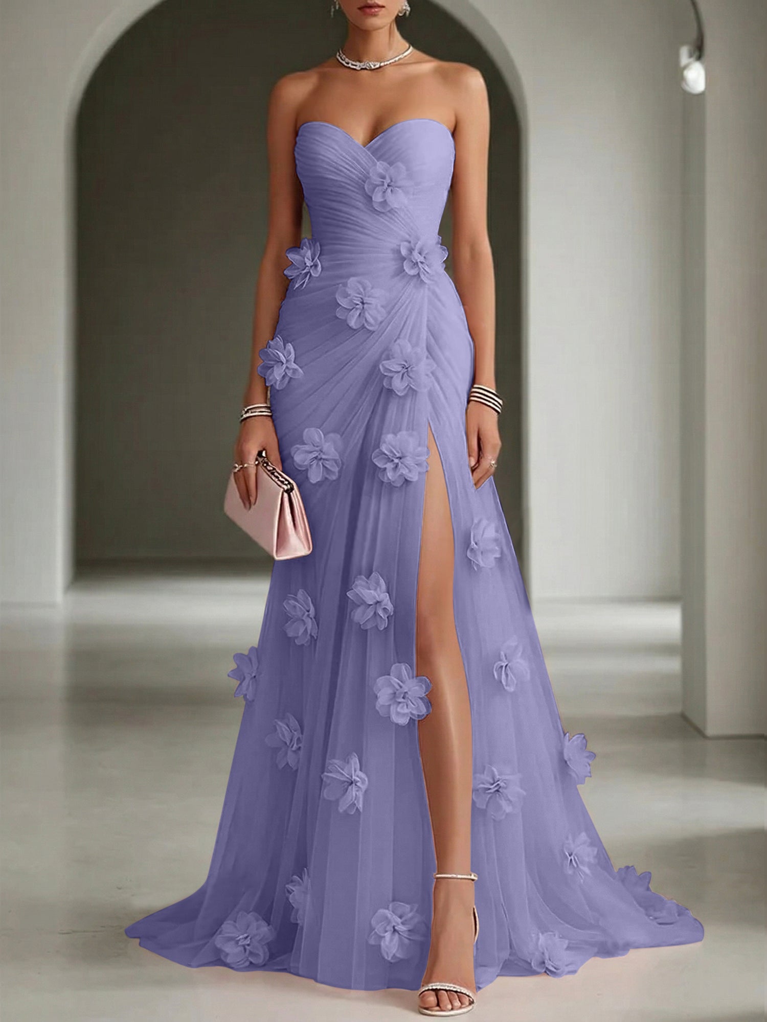 Ethereal Blush Slit 3D Floral Strapless Tulle Gown Dress