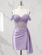 Sweetheart Sheer Corset Mini Dress with Cascading Side Drape Homecoming Dresses