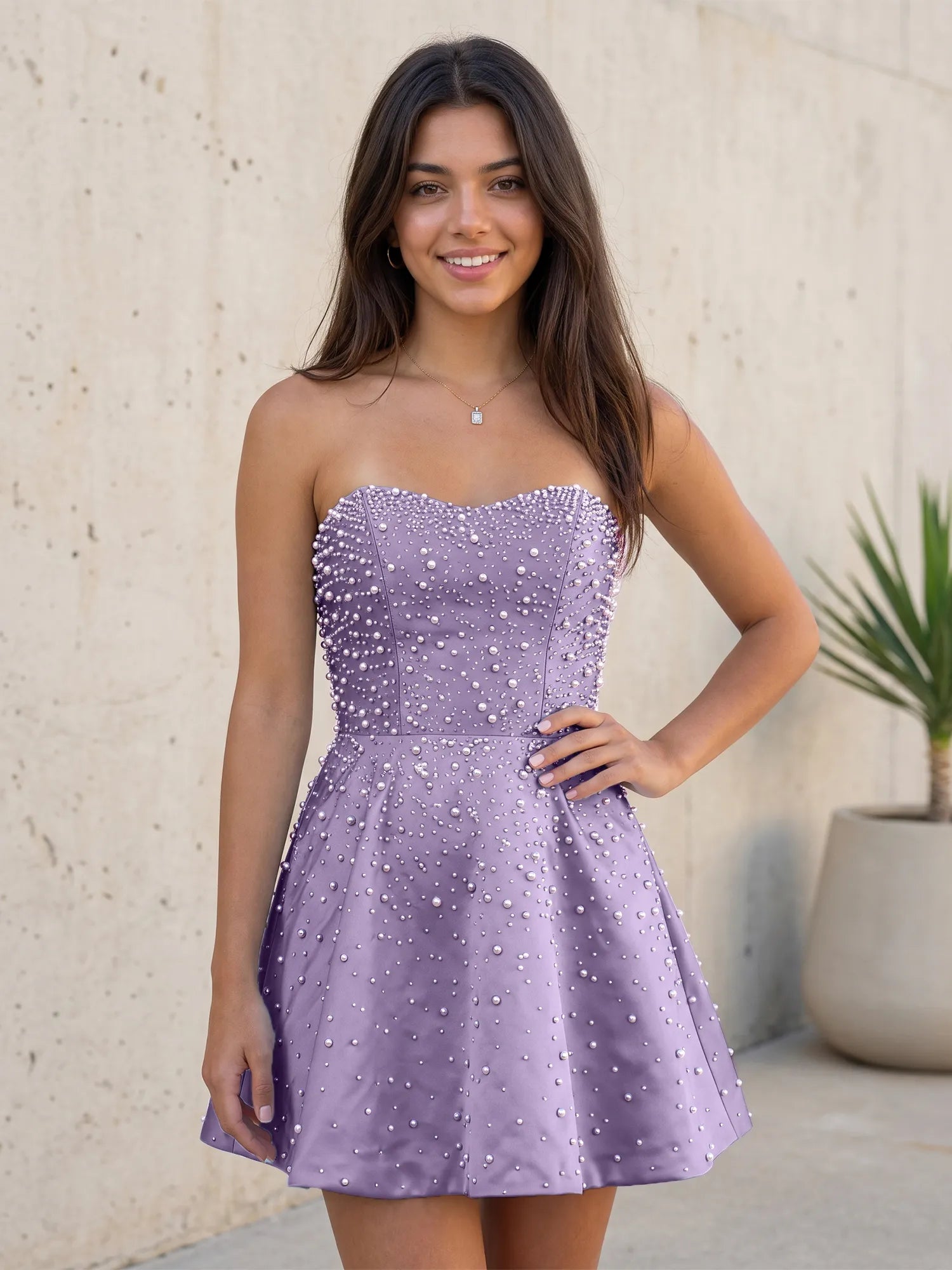 Baby Blue All Over Pearl Strapless Satin A-Line Mini Homecoming Dresses