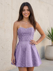 Baby Blue All Over Pearl Strapless Satin A-Line Mini Homecoming Dresses