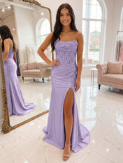Romantic Pink Satin Corset Slit Prom Dress with Beaded Bodice