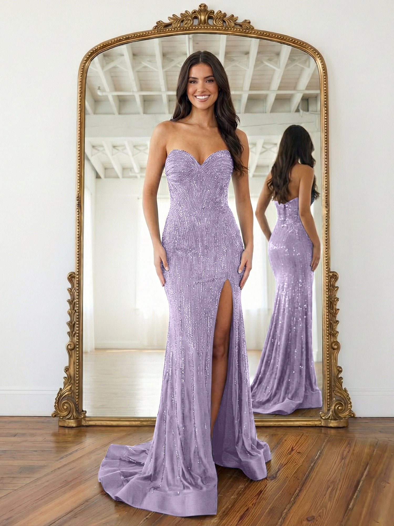 Navy Blue Strapless Sequin Prom Dress with Linear Beading