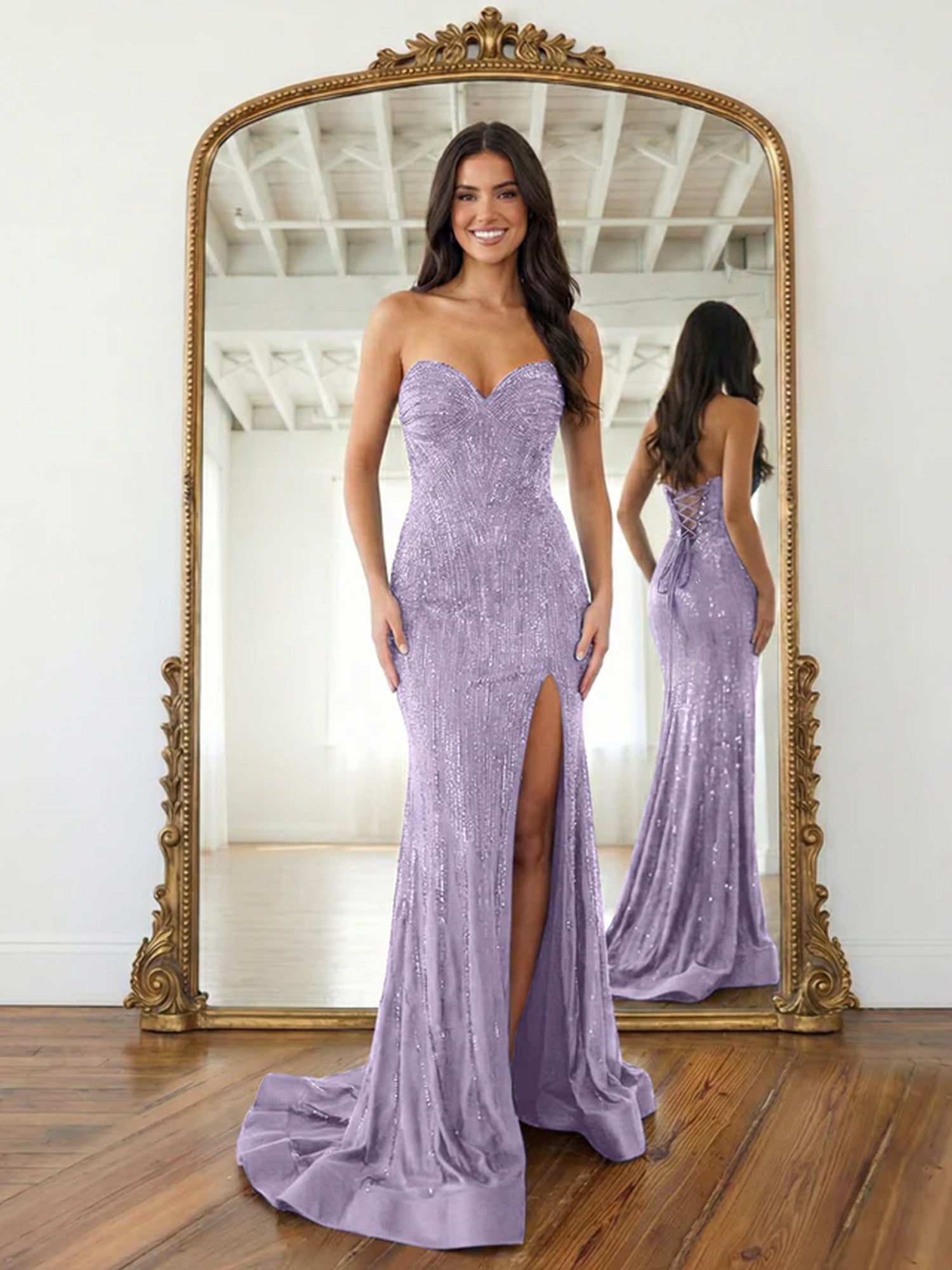 Navy Blue Strapless Sequin Prom Dress with Linear Beading