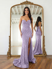 Navy Blue Strapless Sequin Prom Dress with Linear Beading