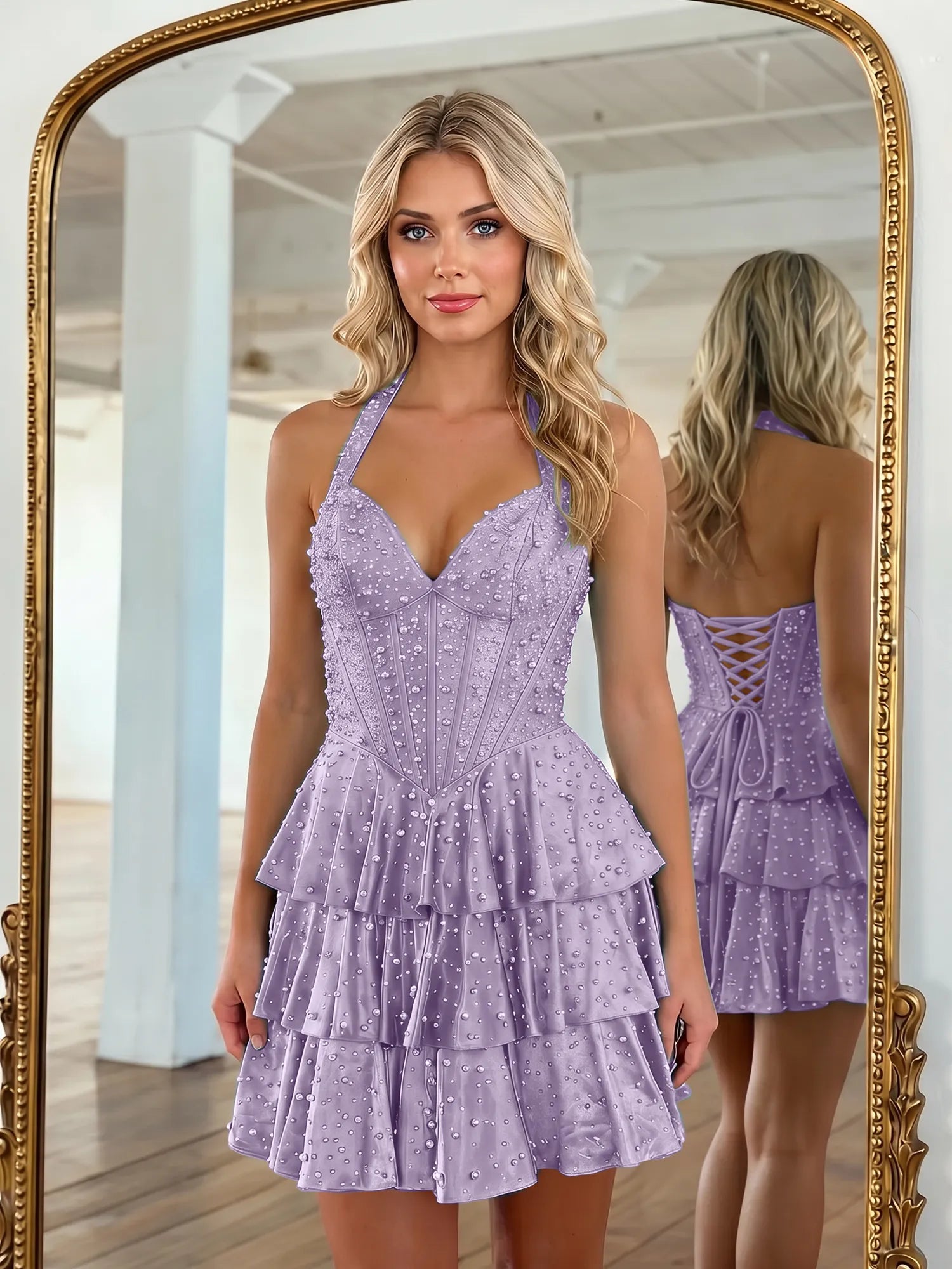 Halter Neck Pearl Beaded Tiered Short Homecoming Dresses