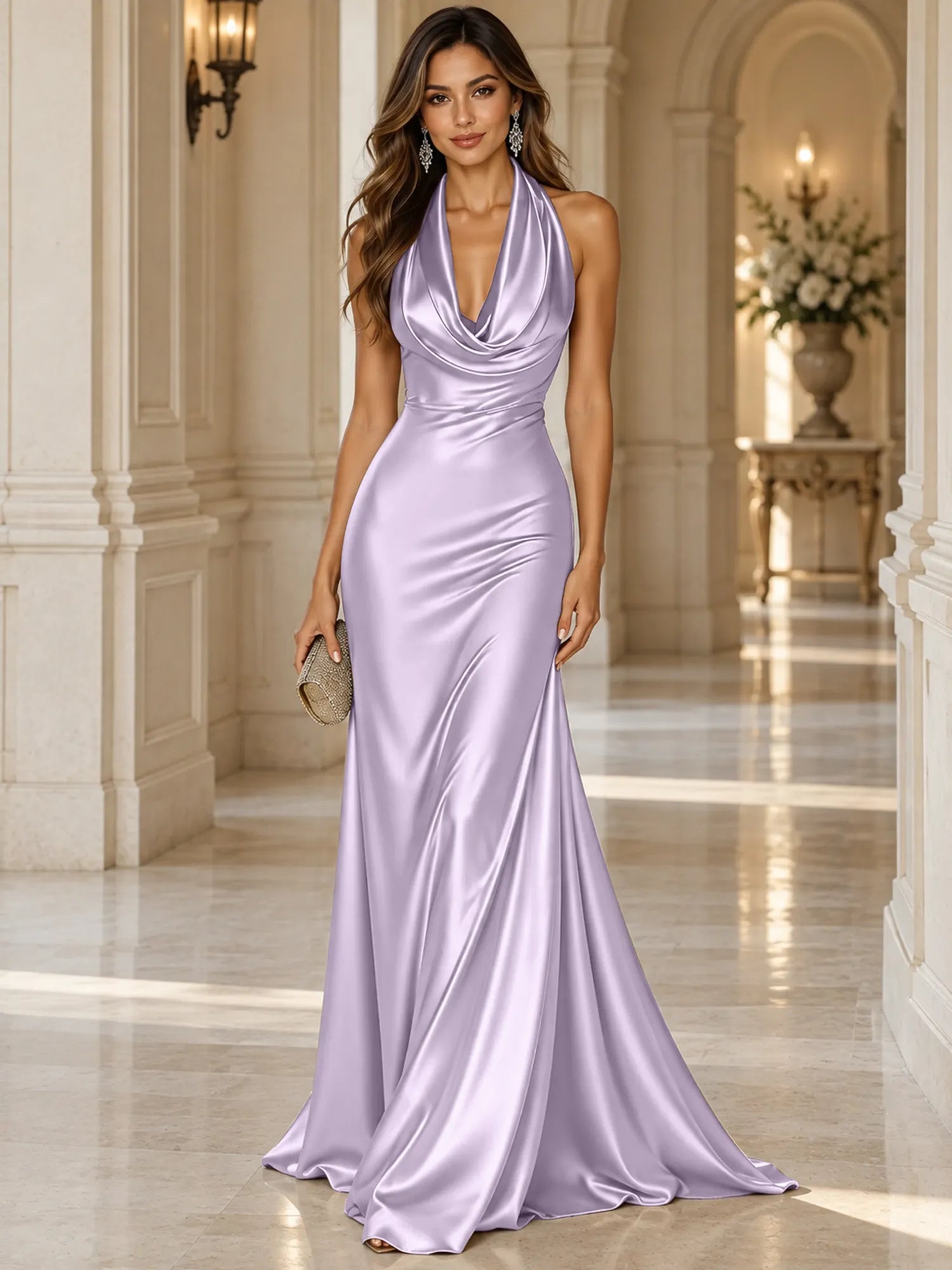 Elegant and Luxurious Cowl-neck Champagne Gold Satin Maxi Dress