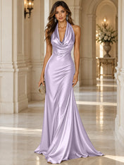 Elegant and Luxurious Cowl-neck Champagne Gold Satin Maxi Dress