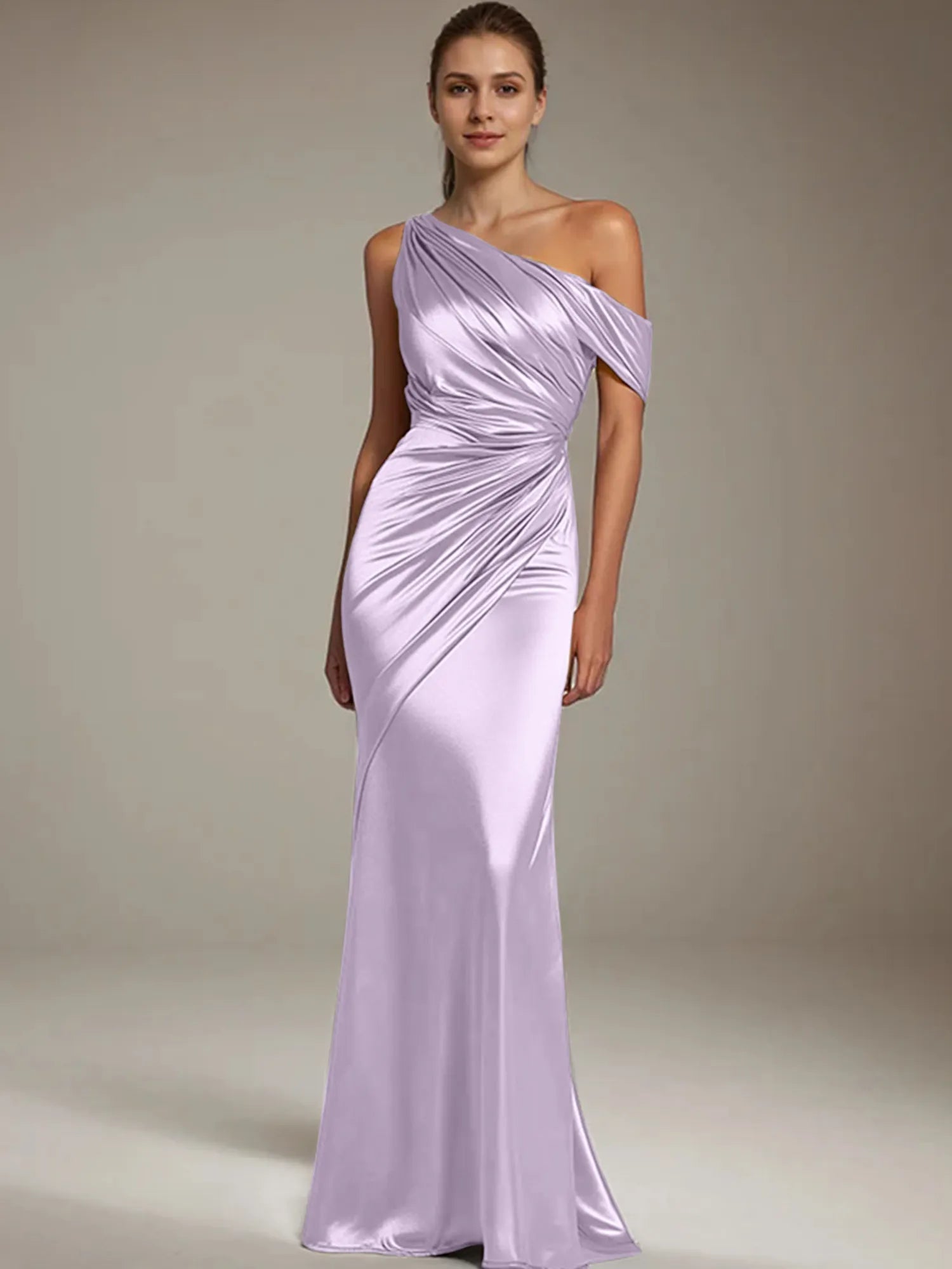 Formal Party Satin Dress Silver One-Shoulder Pleated  Floor-Length Dress