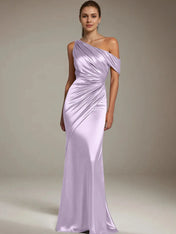 Formal Party Satin Dress Silver One-Shoulder Pleated  Floor-Length Dress