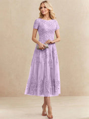 A-line Scoop Tea-Length Tulle Lace Mother of the Bride Dress