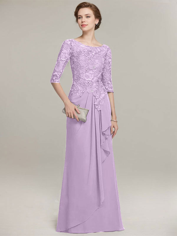 A-line Scoop Illusion Floor-Length Lace Chiffon Mother of the Bride Dress With Cascading Ruffles