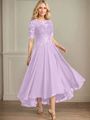 A-line Scoop Illusion Asymmetrical Chiffon Lace Mother of the Bride Dress With Sequins