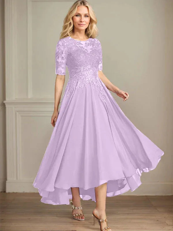 Robe de mère de la mariée asymétrique en mousseline de soie et dentelle, coupe trapèze, décolleté en V, illusion, avec paillettes 