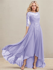 A-line Scoop Illusion Asymmetrical Lace Chiffon Mother of the Bride Dress With Pleated Sequins