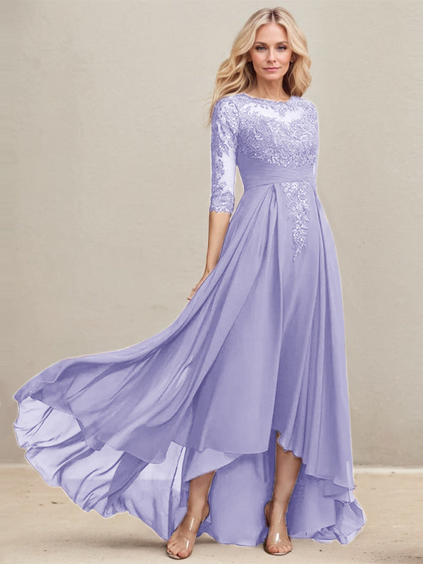 A-line Scoop Illusion Asymmetrical Lace Chiffon Mother of the Bride Dress With Pleated Sequins