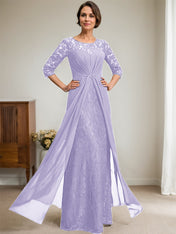 A-Line Scoop Illusion Floor-Length Lace Chiffon Mother Of the Bride Dress With Beading Ruffles