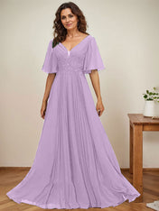A-line V-Neck Floor-Length Chiffon Mother of the Bride Dress With Sequins Appliques Lace Pleated