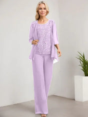 Separates Jumpsuit/Pantsuit Scoop Floor-Length Lace Chiffon Mother of the Bride Dress With Sequins
