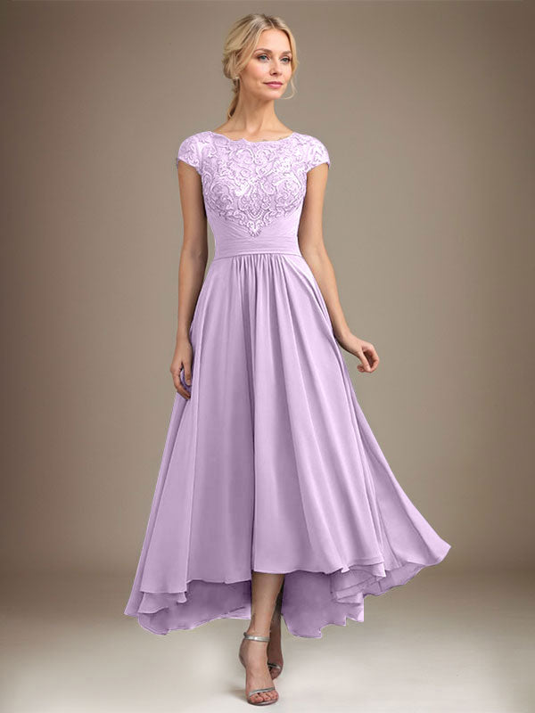 A-line Scoop Illusion Asymmetrical Lace Chiffon Mother of the Bride Dress With Pleated