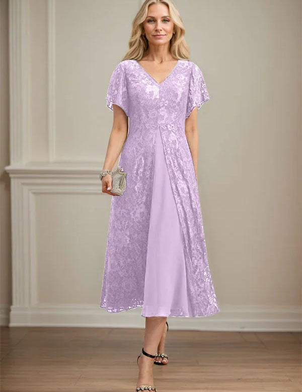A-line V-Neck Tea-Length Lace Chiffon Mother of the Bride Dress