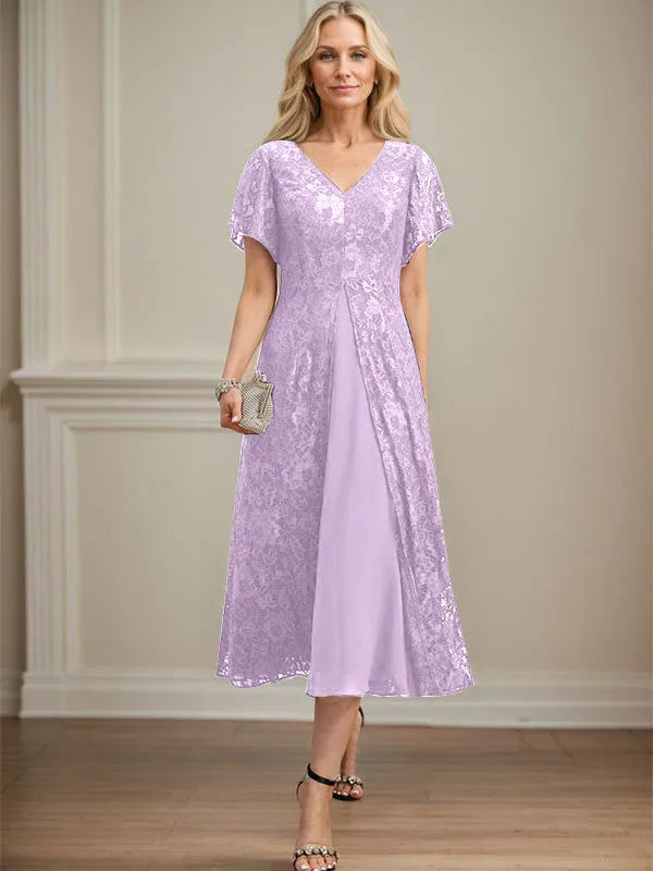 Robe de mère de la mariée en mousseline de soie, coupe trapèze, col en V et longueur thé 