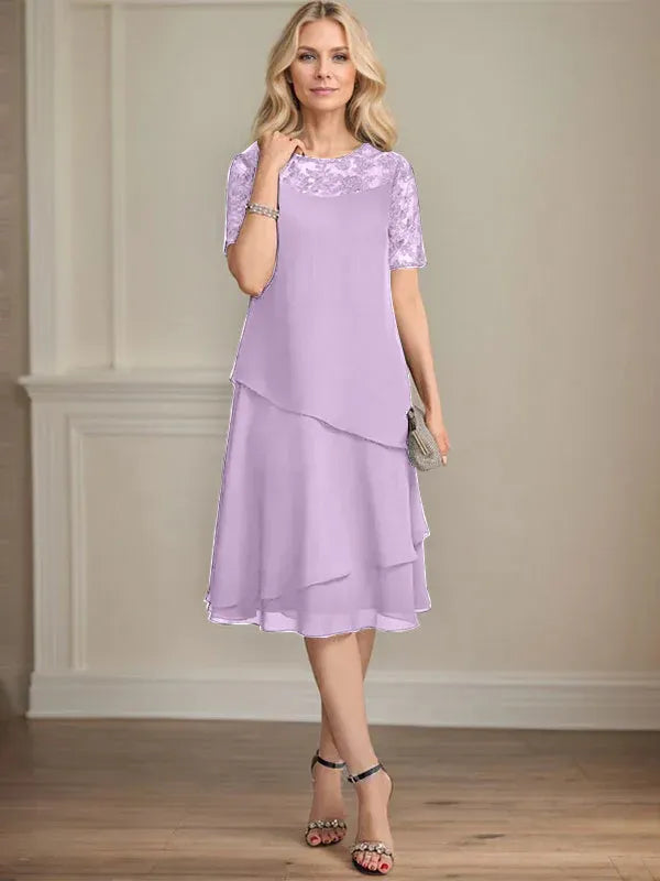 A-line Scoop Illusion Knee-Length Lace Chiffon Mother of the Bride Dress With Sequins