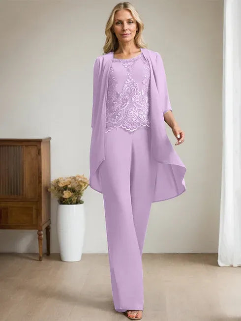 Pantsuit Scoop Floor-Length Chiffon Lace Mother of the Bride Dress With Beading Sequins