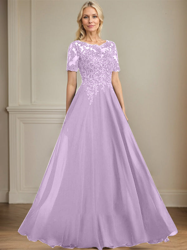 A-line Scoop Illusion Floor-Length Chiffon Lace Mother of the Bride Dress With Sequins Beading