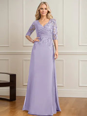 Robe de mère de la mariée trapèze, col en V, longueur au sol, en mousseline de soie et dentelle, avec sequins plissés 