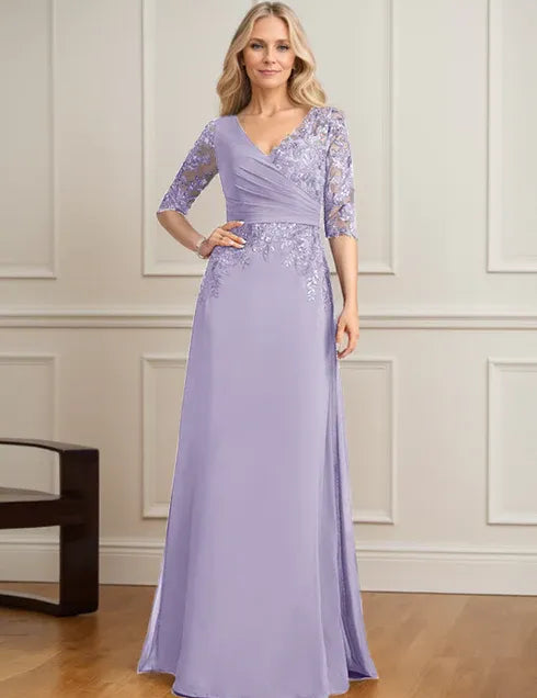 Robe de mère de la mariée trapèze, col en V, longueur au sol, en mousseline de soie et dentelle, avec sequins plissés 