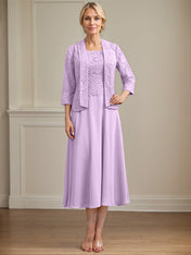 A-line Scoop Tea-Length Lace Chiffon Mother of the Bride Dress