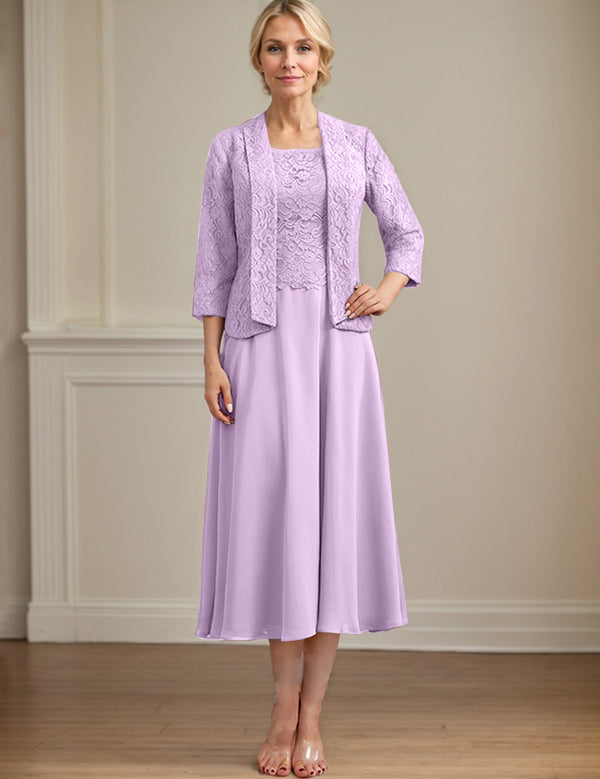 A-line Scoop Tea-Length Lace Chiffon Mother of the Bride Dress