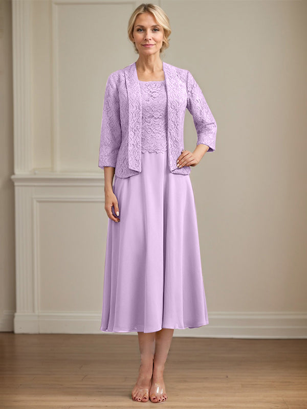 A-line Scoop Tea-Length Lace Chiffon Mother of the Bride Dress