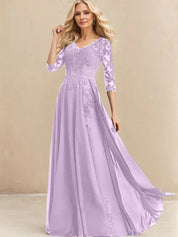 A-line V-Neck Floor-Length Lace Chiffon Mother of the Bride Dress With Sequins