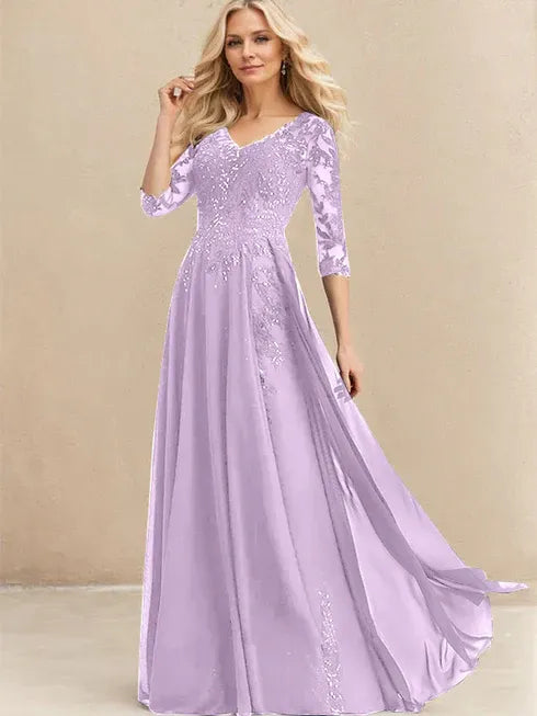 A-line V-Neck Floor-Length Lace Chiffon Mother of the Bride Dress With Sequins