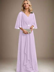 A-line V-Neck Floor-Length Chiffon Mother of the Bride Dress With Cascading Ruffles Crystal Brooch