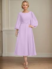 A-line Scoop Tea-Length Chiffon Mother of the Bride Dress With Crystal Brooch Pleated