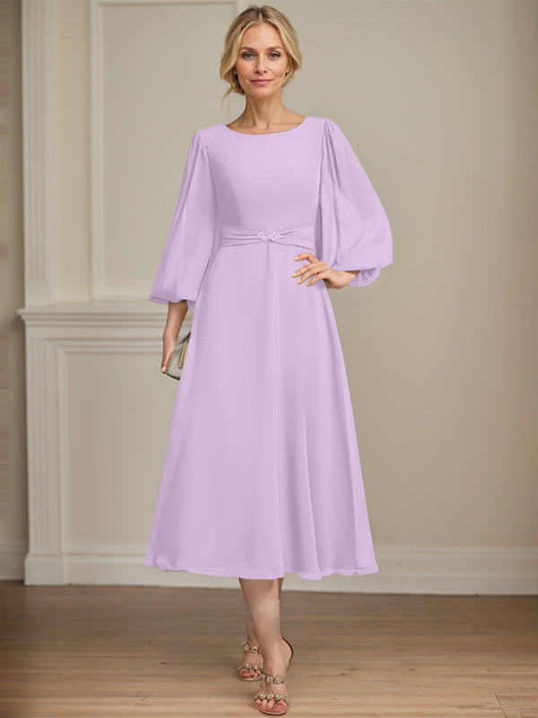 A-line Scoop Tea-Length Chiffon Mother of the Bride Dress With Crystal Brooch Pleated