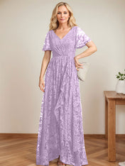 A-Line V-Neck Asymmetrical Lace Mother of the Bride Dress With Cascading Ruffles